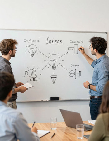 Group of business people discussing ideas on a whiteboard in a meeting