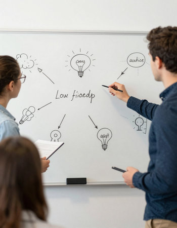 back view of group of students writing on whiteboard with idea sketches