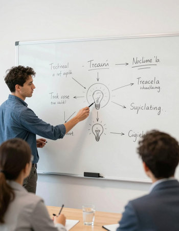 Businessman writing on a whiteboard with a light bulb in the foreground