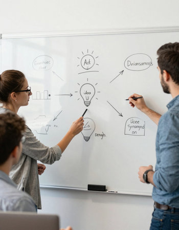 Young businesspeople drawing lightbulb on whiteboard during presentation in office