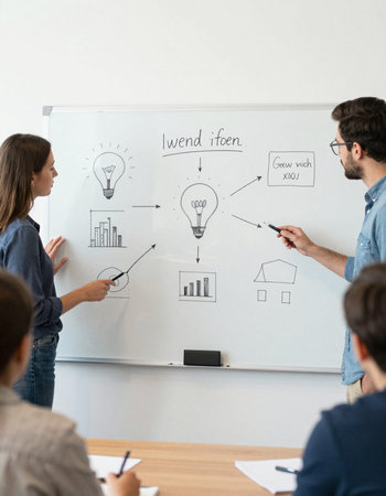 Young business people brainstorming on whiteboard in front of whiteboard