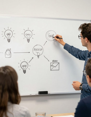 Businessman writing on a whiteboard with lightbulb drawing on it