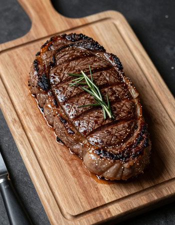 Sliced grilled beef steak on wooden board with rosemary, top viewの写真素材