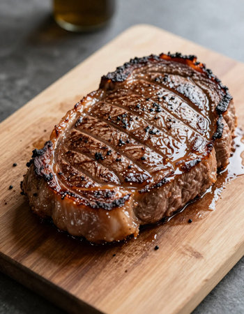 Grilled Tenderloin Steak on wooden cutting board.