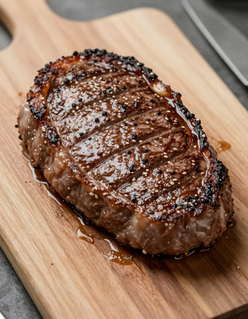 Grilled Tenderloin Steak on Wooden Cutting Board.の写真素材