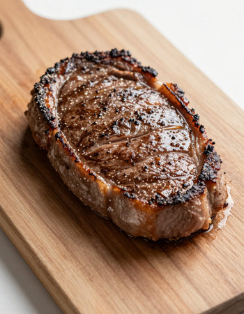 grilled beef steak on a wooden cutting board, close-upの写真素材