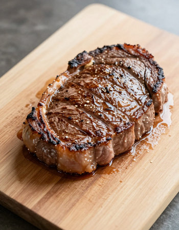 grilled beef steak on wood board - Japanese style food style.