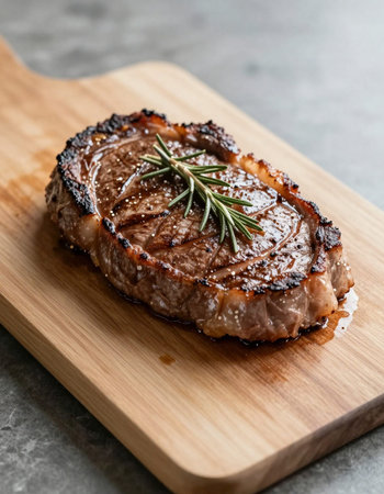 Grilled Tenderloin steak with rosemary on wooden boardの写真素材