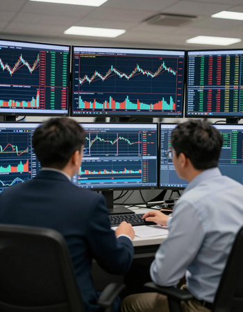 Businessmen analyzing stock market data on computer monitor in modern office.