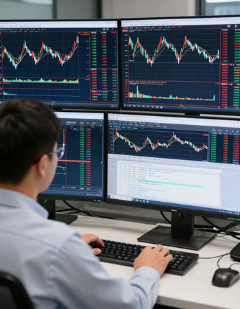 Businessman working on computer monitor with stock market data on the screenの写真素材