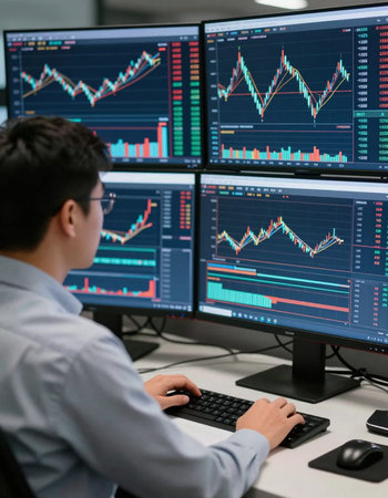 Businessman analyzing stock market data on multiple computer screens. Stock market data concept.