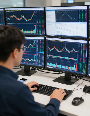 Businessman analyzing stock market data on multiple computer screens. Selective focus.