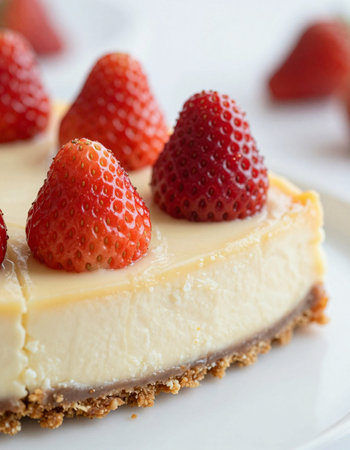 Strawberry Cheesecake on a white plate, close up