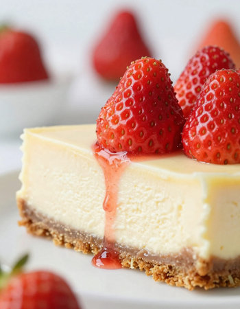 Strawberry Cheesecake on a white plate with strawberries.