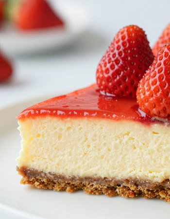 Strawberry cheesecake on a white plate, close-up