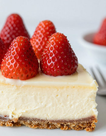 Strawberry Cheesecake on a white plate, selective focus