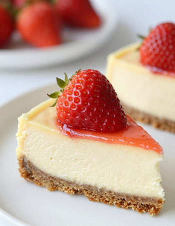 Strawberry cheesecake on a plate with strawberries in the background
