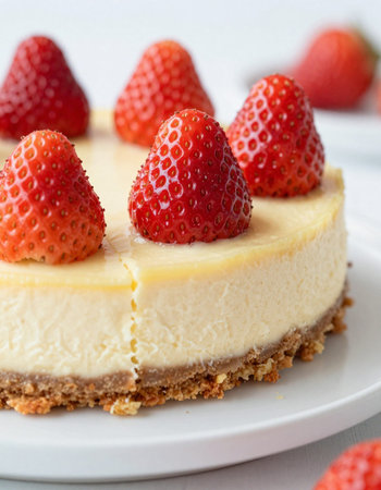 Strawberry cheesecake on a white plate, close-upの写真素材