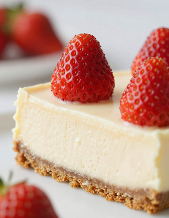 Strawberry Cheesecake with fresh strawberries on white plate.