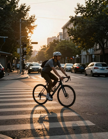 Cyclist in helmet riding bicycle on crosswalk in city at sunset
