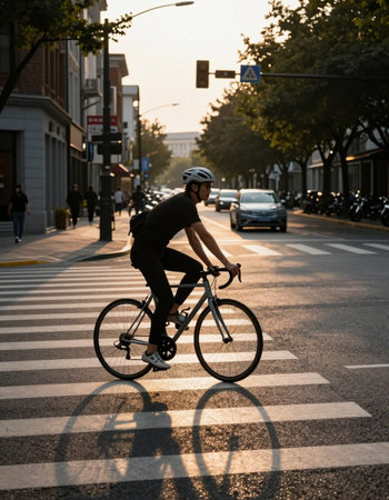 Cyclist on the crosswalk in the city at sunset.