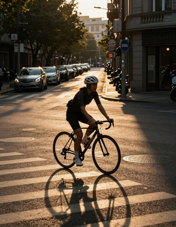 Cyclist riding bicycle in the city at sunset, rear view