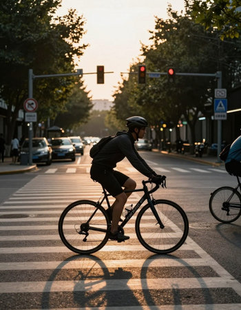 Cyclist riding a bike in a city street at sunset.