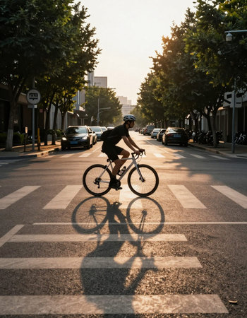 Cyclist riding a bike on a city street in the evening