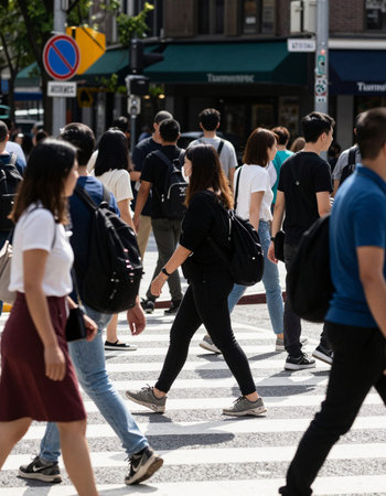 Unidentified people cross the street in Tokyo, Japan. Tokyo is the capital of Japan and the most...