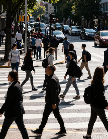 Pedestrians cross the street in the center of the city.