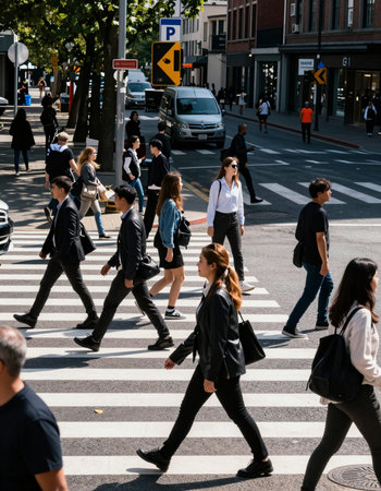 High angle view of people crossing the street in downtown during rush hourの写真素材