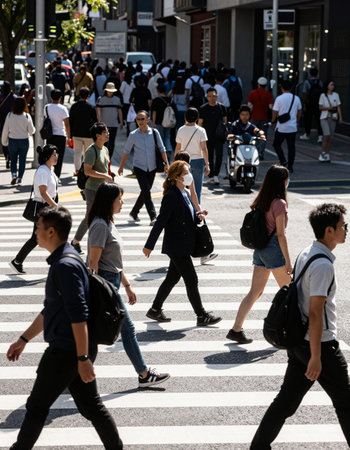Unidentified people crossing the street at Shibuya Crossing in Tokyo, Japan. Shibuya Crossing is one...