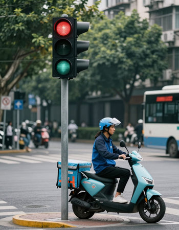 Person riding a scooter in Hong Kong.