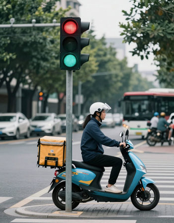 A delivery man in a helmet riding a scooter on a city street