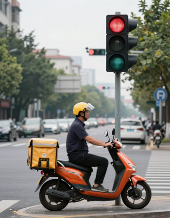 Delivery man riding a scooter on the street.の写真素材