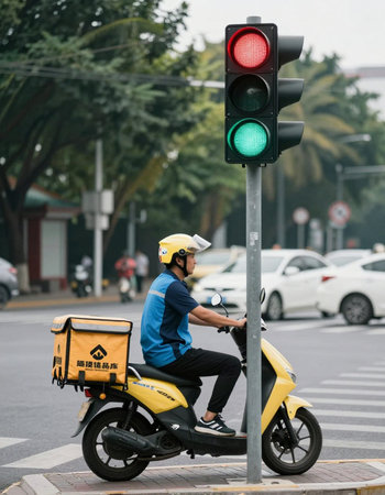 A delivery man on a yellow scooter with a traffic light.