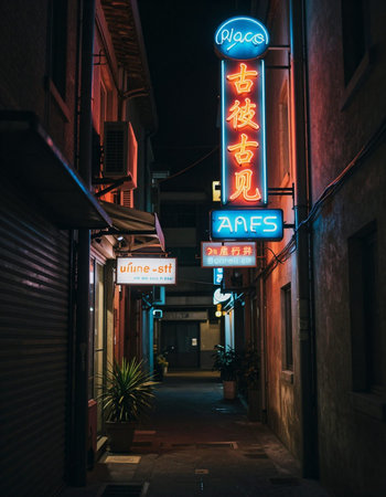 Narrow street with neon signs in the old town of Taipei, Taiwan