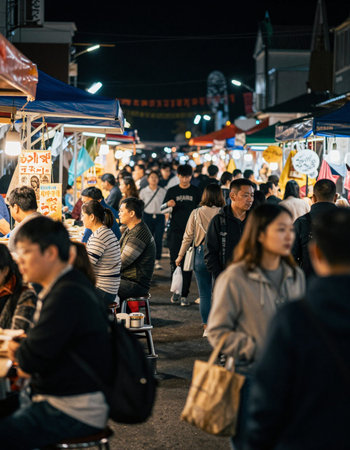 Unidentified people walking and shopping at night market.
