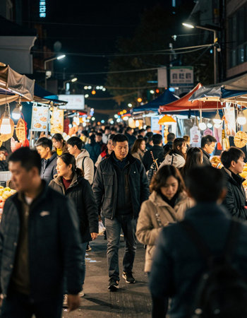 Unidentified people walk at night market. It is one of the most popular tourist destinations in the world.の写真素材