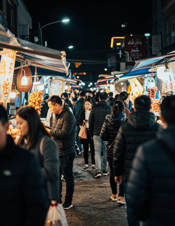 Unidentified people walking at a night market.