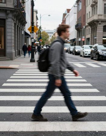 Young man walking on zebra crossing in the city. Blurred motion.