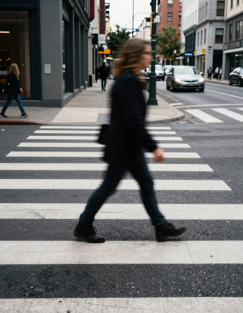 Blurred image of people crossing a crosswalk in the city.