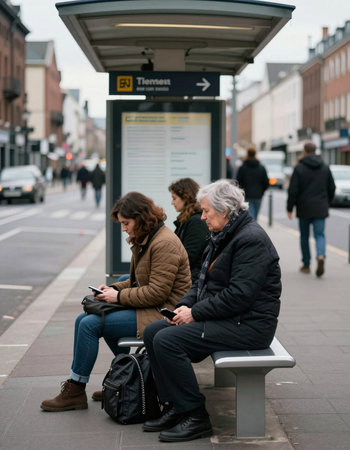 Elderly couple sitting on a bench and waiting for a bus