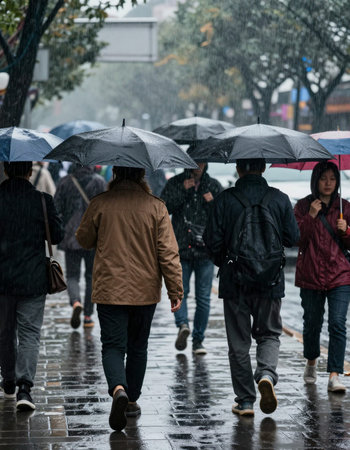 People walking in the rain on rainy day.