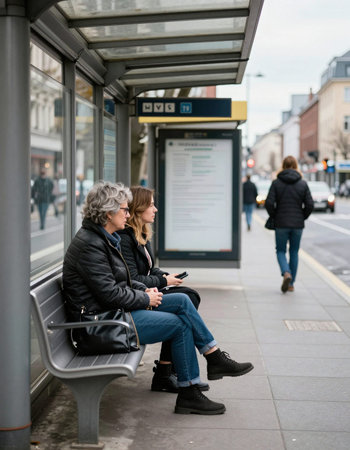 Two women sitting on a bench in front of a bus stop waiting for their bus