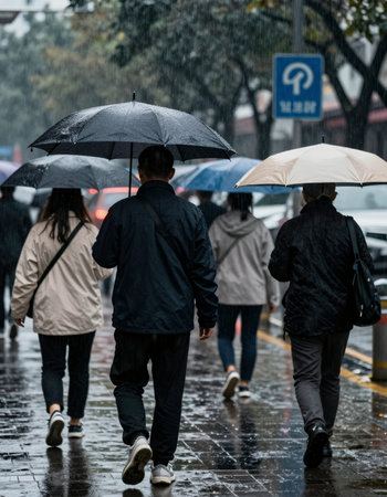 People walking under an umbrella in a rainy day in Beijing, China
