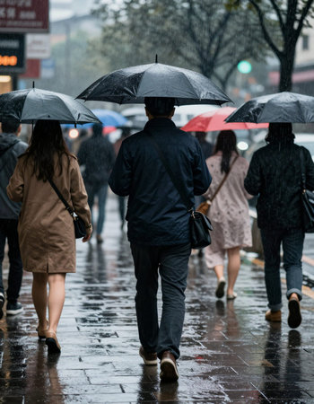 People walking under umbrellas on rainy dayの写真素材