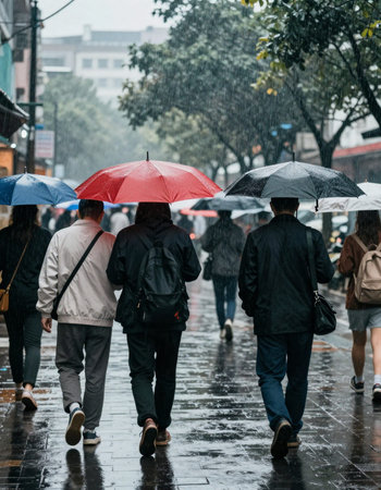 People walking in the rain on a rainy dayの写真素材