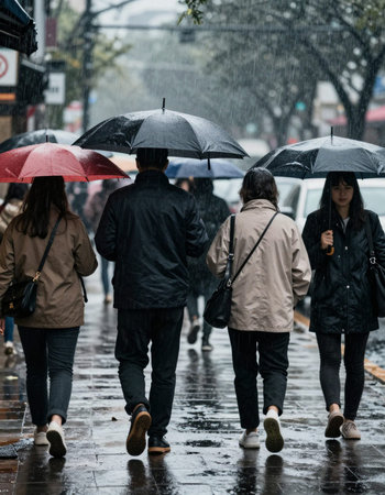 people with umbrellas walking on the street in rainy day.の写真素材