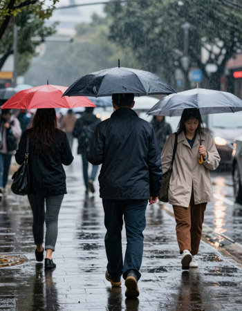 People walking in the rain on a rainy day